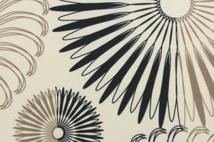 This screen printed fabric features decorative circles in brown and black on a cream background.  It can be used for several different statement projects including window accents (drapery, curtains and swags), toss pillows, bed skirts, light duty upholstery, handbags and duvet covers. It has a soft workable feel yet is stable and durable.  
