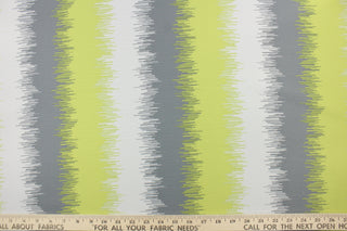 This screen printed fabric features an abstract  design in lime green, grey and white.  It can be used for several different statement projects including window accents (drapery, curtains and swags), toss pillows, bed skirts, light duty upholstery, handbags and duvet covers. It has a soft workable feel yet is stable and durable.  