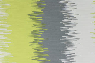 This screen printed fabric features an abstract  design in lime green, grey and white.  It can be used for several different statement projects including window accents (drapery, curtains and swags), toss pillows, bed skirts, light duty upholstery, handbags and duvet covers. It has a soft workable feel yet is stable and durable.  