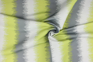 This screen printed fabric features a unique design in lime green, grey and white.  It can be used for several different statement projects including window accents (drapery, curtains and swags), toss pillows, bed skirts, light duty upholstery, handbags and duvet covers. It has a soft workable feel yet is stable and durable.  