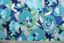 Load image into Gallery viewer, Novino is the perfect fabric for outdoor living.  Featuring painterly blooms in shades of blue, green, grey and white, it&#39;s constructed from a UV fade resistant, mildew, water and stain resistant fabric.  Perfect for porches, patios and pool side.  Uses include toss pillows, cushions, upholstery, tote bags and more.  

