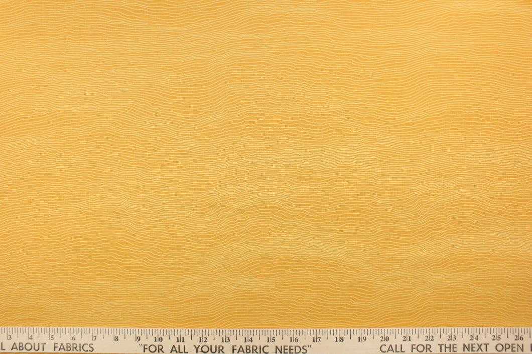 This screen printed fabric features a striae design in orange and yellow.  It can be used for several different statement projects including window accents (drapery, curtains and swags), toss pillows, bed skirts, light duty upholstery, handbags and duvet covers. It has a soft workable feel yet is stable and durable.  