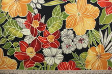 Load image into Gallery viewer, Clemens features a bold and modern design of large tropical flowers in vibrant colors of golden yellow, green, red, and cream against a striking black background.  It&#39;s specially designed to resist fading to 500 hours of direct sunlight.  Additionally, it is both water and stain resistant, and has a durable 9,000 double rubs construction.  Perfect for porches, patios and pool side.  Uses include toss pillows, cushions, upholstery, tote bags and more.  
