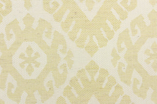 Tryst is a textured damask woven fabric with a medallion pattern in off white and yellow.  This fabric offers beautiful design, style and color to any space in your home.  It has a soft workable feel and is perfect for window treatments (draperies, valances, curtains, and swags), bed skirts, duvet covers, pillow shams and accent pillows.  