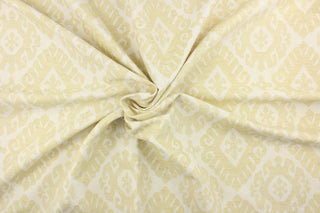 Tryst is a textured damask woven fabric with a medallion pattern in off white and yellow.  This fabric offers beautiful design, style and color to any space in your home.  It has a soft workable feel and is perfect for window treatments (draperies, valances, curtains, and swags), bed skirts, duvet covers, pillow shams and accent pillows.  