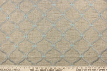 Load image into Gallery viewer, This embroidered fabric features a lattice design in wheat, gray and mint green.  It offers beautiful design, style and color to any space in your home.  It has a soft workable feel and is perfect for window treatments (draperies, valances, curtains, and swags), upholstery, bed skirts and accent pillows.  
