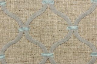 This embroidered fabric features a lattice design in wheat, gray and mint green.  It offers beautiful design, style and color to any space in your home.  It has a soft workable feel and is perfect for window treatments (draperies, valances, curtains, and swags), upholstery, bed skirts and accent pillows.  