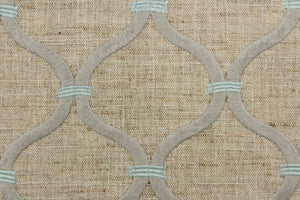 This embroidered fabric features a lattice design in wheat, gray and mint green.  It offers beautiful design, style and color to any space in your home.  It has a soft workable feel and is perfect for window treatments (draperies, valances, curtains, and swags), upholstery, bed skirts and accent pillows.  
