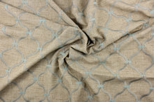 Load image into Gallery viewer, This embroidered fabric features a lattice design in wheat, gray and mint green.  It offers beautiful design, style and color to any space in your home.  It has a soft workable feel and is perfect for window treatments (draperies, valances, curtains, and swags), upholstery, bed skirts and accent pillows.  
