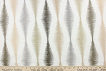 Load image into Gallery viewer, This fabric features an embroidered frequency design in metallic gold, silver, copper and bronze on a white background.  Uses include drapery, pillows, light upholstery, table runners, bedding, headboards, home decor and apparel.  
