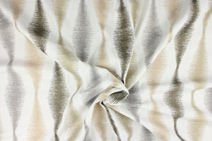This fabric features an embroidered frequency design in metallic gold, silver, copper and bronze on a white background.  Uses include drapery, pillows, light upholstery, table runners, bedding, headboards, home decor and apparel.  
