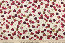 Load image into Gallery viewer, This fun fabric features chocolate covered cherries that look ready to eat.  The versatile lightweight fabric is soft and easy to sew.  It would be great for quilting, crafting and sewing projects.  Colors include shades of red, brown, green and cream.

