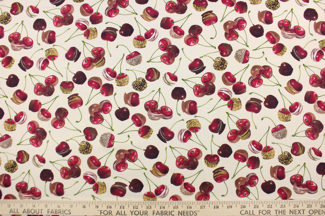 This fun fabric features chocolate covered cherries that look ready to eat.  The versatile lightweight fabric is soft and easy to sew.  It would be great for quilting, crafting and sewing projects.  Colors include shades of red, brown, green and cream.