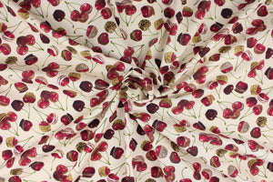 This fun fabric features chocolate covered cherries that look ready to eat.  The versatile lightweight fabric is soft and easy to sew.  It would be great for quilting, crafting and sewing projects.  Colors include shades of red, brown, green and cream.
