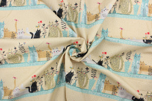 Cats are brought to life in an illustration style with geometric patterns and playful shapes.  The versatile lightweight fabric is soft and easy to sew.  It would be great for quilting, crafting and sewing projects.  Colors include brown, black, gray, white, pink, red, green, teal and khaki.