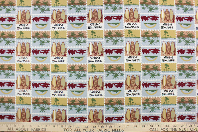 Escape to the Hawaiian beaches with this colorful print that features palm trees and surfboards in the colors of maroon, white, mustard,  sand, brown, black and white.  This versatile lightweight fabric is soft and easy to sew.  It would be great for quilting, crafting and sewing projects.  We offer this fabric in other colors.