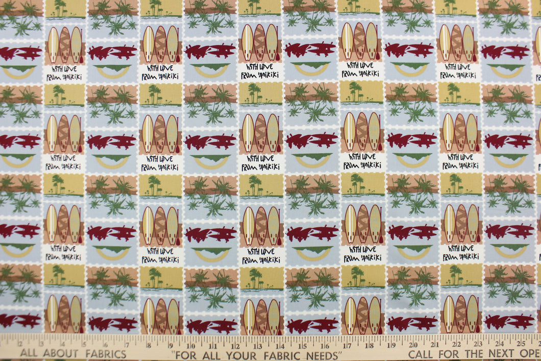 Escape to the Hawaiian beaches with this colorful print that features palm trees and surfboards in the colors of maroon, white, mustard,  sand, brown, black and white.  This versatile lightweight fabric is soft and easy to sew.  It would be great for quilting, crafting and sewing projects.  We offer this fabric in other colors.