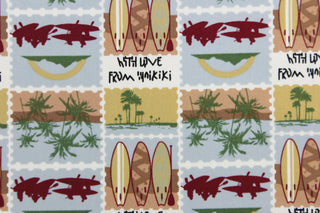 Escape to the Hawaiian beaches with this colorful print that features palm trees and surfboards in the colors of maroon, white, mustard, blue gray, sand, brown, black and white.  This versatile lightweight fabric is soft and easy to sew.  It would be great for quilting, crafting and sewing projects.  We offer this fabric in other colors.