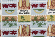 Load image into Gallery viewer, Escape to the Hawaiian beaches with this colorful print that features palm trees and surfboards in the colors of maroon, white, mustard, blue gray, sand, brown, black and white.  This versatile lightweight fabric is soft and easy to sew.  It would be great for quilting, crafting and sewing projects.  We offer this fabric in other colors.
