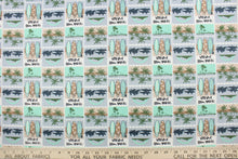 Load image into Gallery viewer,  Escape to the Hawaiian beaches with this colorful print that features palm trees and surfboards in the colors of light and dark green, grey, white, sand and black This versatile lightweight fabric is soft and easy to sew.  It would be great for quilting, crafting and sewing projects.  We offer this fabric in other colors.
