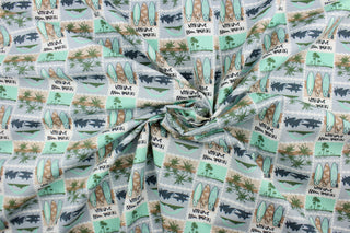  Escape to the Hawaiian beaches with this colorful print that features palm trees and surfboards in the colors of light and dark green, grey, white, sand and black This versatile lightweight fabric is soft and easy to sew.  It would be great for quilting, crafting and sewing projects.  We offer this fabric in other colors.