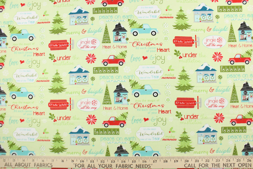 Embrace the Holiday season with Cherry Guidry's Heart & Home Collection.  This cheerful print features jolly seasonal sayings along with a bustling winter village.  The versatile lightweight fabric is soft and easy to sew.  It would be great for quilting, crafting and sewing projects.  Colors include white, blue, green, red and black.  We offer this print in one other color.