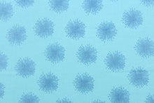 Load image into Gallery viewer, This fabric features pearlescent metallic floating dandelions in peacock blue.  The light captures the pearl finish and the fabric appears to glow.  This versatile lightweight fabric is soft and easy to sew.  It would be great for quilting, crafting and sewing projects. 
