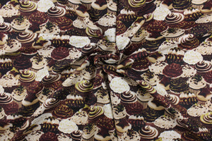 Celebrate your favorite sweet treat with this cute print of cupcakes from the "Chocolicious" collection.  The versatile lightweight fabric is soft and easy to sew.  It would be great for quilting, crafting and sewing projects.  Colors include shades of brown, cream and lime green.