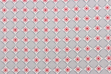 Load image into Gallery viewer, This is a cute and simple print of diamonds and snowflakes.  The versatile lightweight fabric is soft and easy to sew.  It would be great for quilting, crafting and sewing projects.  Colors include red, grey and white.
