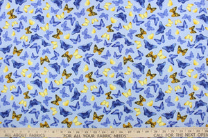Feel the warmth of a sunny summer day with these beautiful butterflies. This versatile lightweight fabric is soft and easy to sew.  It would be great for quilting, crafting and sewing projects.  Colors include shades of blue, yellow, brown and black.