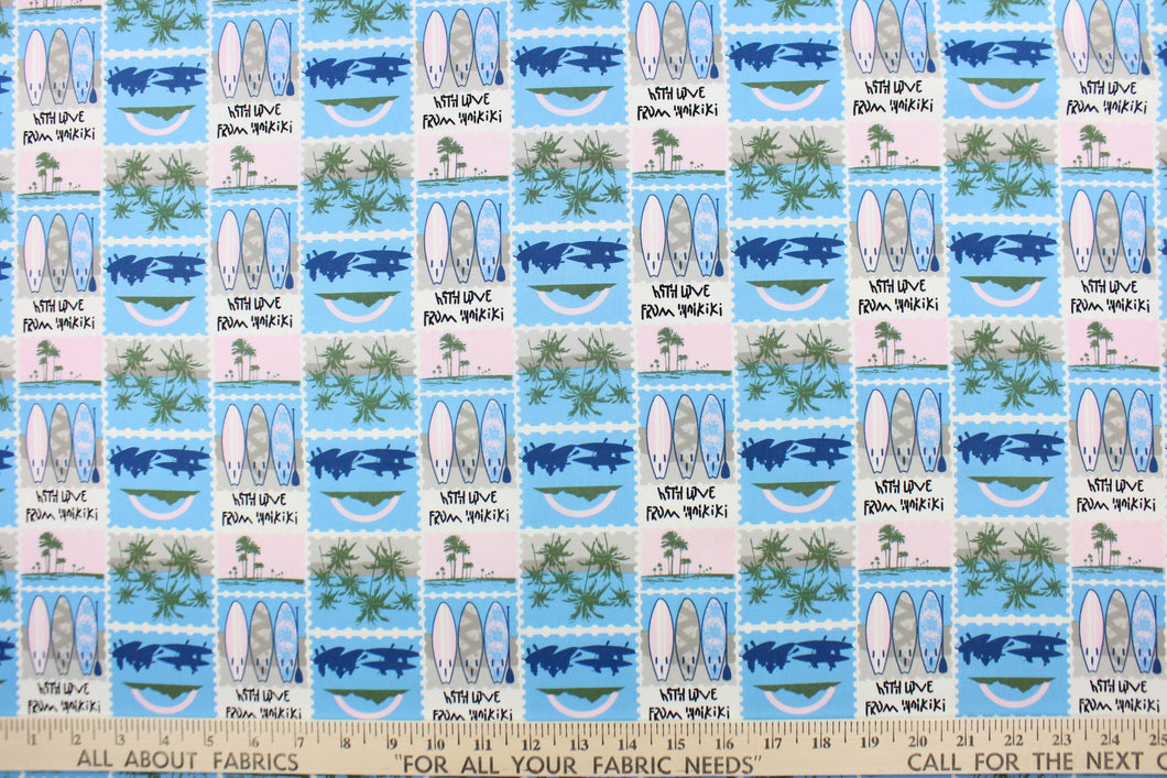 Escape to the Hawaiian beaches with this print that features palm trees and surfboards in the colors of navy and light blue, pink, white, green and sand.  This versatile lightweight fabric is soft and easy to sew.  It would be great for quilting, crafting and sewing projects.  We offer this fabric in other colors.
