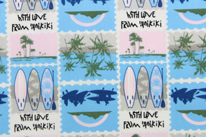 Escape to the Hawaiian beaches with this print that features palm trees and surfboards in the colors of navy and light blue, pink, white, green and sand.  This versatile lightweight fabric is soft and easy to sew.  It would be great for quilting, crafting and sewing projects.  We offer this fabric in other colors.