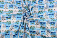 Load image into Gallery viewer, Escape to the Hawaiian beaches with this print that features palm trees and surfboards in the colors of navy and light blue, pink, white, green and sand.  This versatile lightweight fabric is soft and easy to sew.  It would be great for quilting, crafting and sewing projects.  We offer this fabric in other colors.
