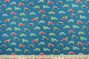 Embrace the Holiday season with Cherry Guidry's Heart & Home Collection.  This cheerful print features trucks carrying gifts and trees.  The versatile lightweight fabric is soft and easy to sew.  It would be great for quilting, crafting and sewing projects.  Colors include blue, red, black, white and shades of green.