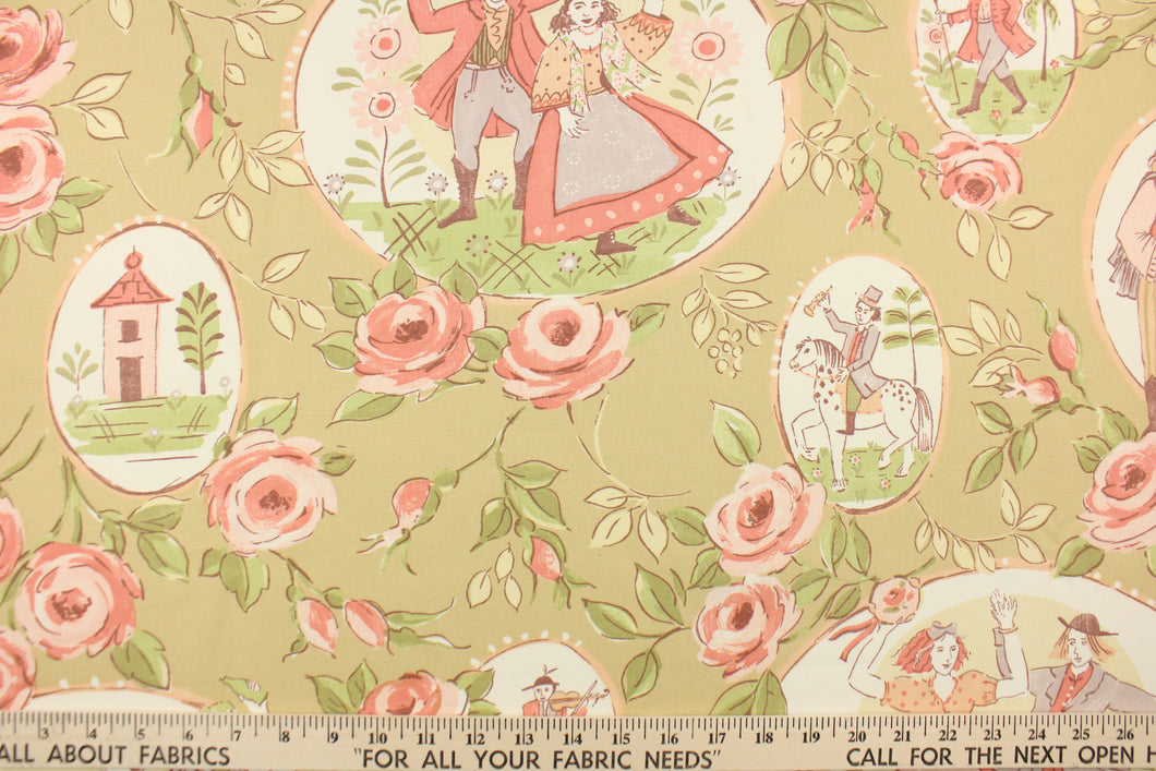 This fabric features a people dancing along with a floral design in pinks, coral, beige, dull white, pale beige, and gray .