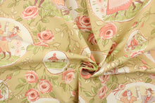 Load image into Gallery viewer, This fabric features a people dancing along with a floral design in pinks, coral, beige, dull white, pale beige, and gray .
