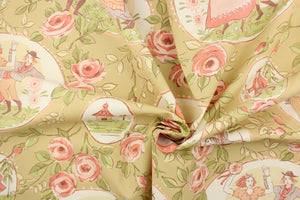 This fabric features a people dancing along with a floral design in pinks, coral, beige, dull white, pale beige, and gray .