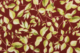 This fabric features a leaf and stem design in light and dark green on a maroon background.  It has a nice soft hand and would be great for quilting, crafting and home decor.  We offer this fabric in several other colors.