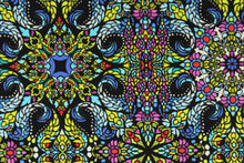 Load image into Gallery viewer,  Bangkok is an intricate print from the &quot;Where In The World&quot; collection and features a kaleidoscope of colors. The versatile lightweight fabric is soft and easy to sew.  It would be great for quilting, crafting and sewing projects.  Colors include hot pink, red, teal, green, purple, yellow, white and black.
