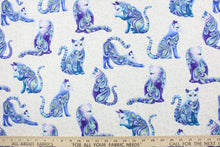 Load image into Gallery viewer, From the &quot;Cat-i-tude&quot; series, this fabric features fancy, multicolored, patterned cats outlined in metallic silver on a white background with grey squares.  The versatile lightweight fabric is soft and easy to sew.  It would be great for quilting, crafting and sewing projects.  Colors include purple, teal, blue, green and white.
