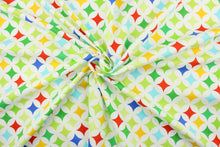 Load image into Gallery viewer, This fabric features large medallions in varying shades of green, blue, yellow and red on a white background.  The versatile lightweight fabric is soft and easy to sew.  It would be great for quilting, crafting and sewing projects.  
