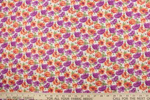 From the "Cats N Quilts" collection, Poppies in Bloom features large, vibrant poppy flowers in purple and orange on a white background.  The versatile lightweight fabric is soft and easy to sew.  It would be great for quilting, crafting and sewing projects.  