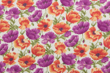 Load image into Gallery viewer, From the &quot;Cats N Quilts&quot; collection, Poppies in Bloom features large, vibrant poppy flowers in purple and orange on a white background.  The versatile lightweight fabric is soft and easy to sew.  It would be great for quilting, crafting and sewing projects.  

