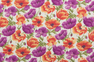 From the "Cats N Quilts" collection, Poppies in Bloom features large, vibrant poppy flowers in purple and orange on a white background.  The versatile lightweight fabric is soft and easy to sew.  It would be great for quilting, crafting and sewing projects.  