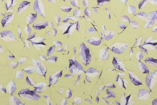  This fabric features a leaf and stem design in purple and white on a light green background.  It has a nice soft hand and would be great for quilting, crafting and home decor.  We offer this fabric in several other colors.