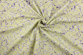  This fabric features a leaf and stem design in purple and white on a light green background.  It has a nice soft hand and would be great for quilting, crafting and home decor.  We offer this fabric in several other colors.