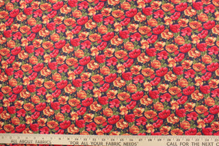  From the "Cats N Quilts" collection, Poppies in Bloom features large, vibrant poppy flowers in red and orange on a black background.  The versatile lightweight fabric is soft and easy to sew.  It would be great for quilting, crafting and sewing projects.  