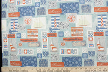 Load image into Gallery viewer, Marine Patch is from the &quot;Every Day Prints&quot; collection and features a  nautical theme.  The varying patches of sailboats, ropes, anchors, and flags has a distressed look which further enhances the design.  The versatile lightweight fabric is soft and easy to sew.  It would be great for quilting, crafting and sewing projects.  Colors included are red, blue, white, gray and black.
