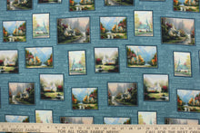 Load image into Gallery viewer, From the &quot;Inspirations for Living&quot; collection by Thomas Kinkade, this fabric depicts different scenes of chapels in a patchwork design with the Lord&#39;s Prayer in the background.  The details and colors of each chapel are extraordinary.  The versatile lightweight fabric is soft and easy to sew.  It would be great for quilting, crafting and sewing projects.  Colors include yellow, red, orange, white, blue, teal, green, pink and black.
