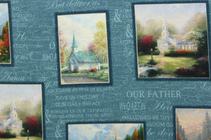 From the "Inspirations for Living" collection by Thomas Kinkade, this fabric depicts different scenes of chapels in a patchwork design with the Lord's Prayer in the background.  The details and colors of each chapel are extraordinary.  The versatile lightweight fabric is soft and easy to sew.  It would be great for quilting, crafting and sewing projects.  Colors include yellow, red, orange, white, blue, teal, green, pink and black.